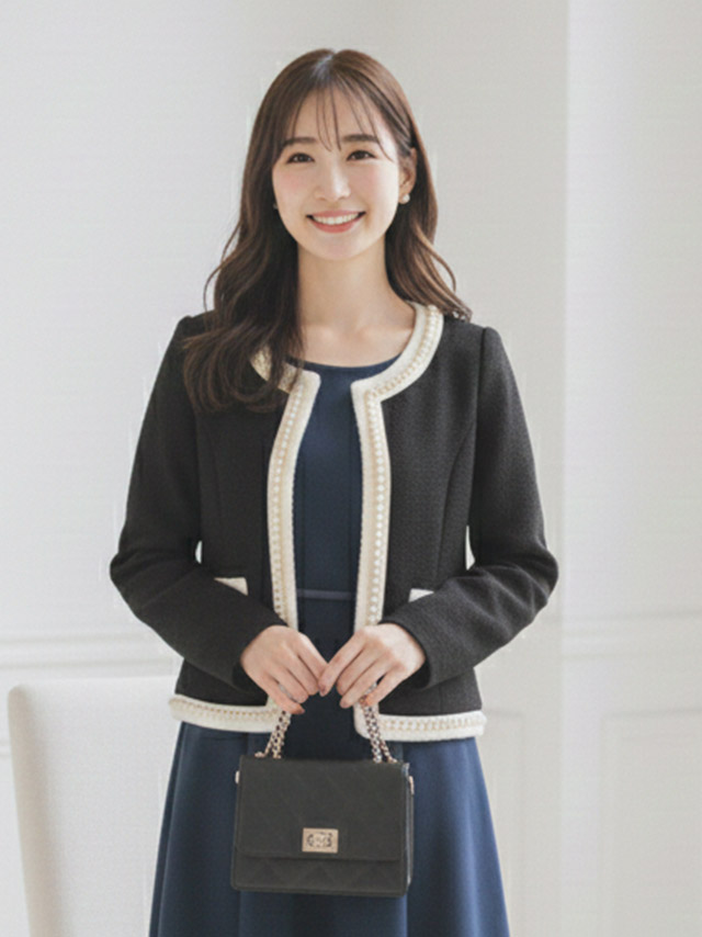 ノーカラーワッフルパール縁取りボレロジャケット