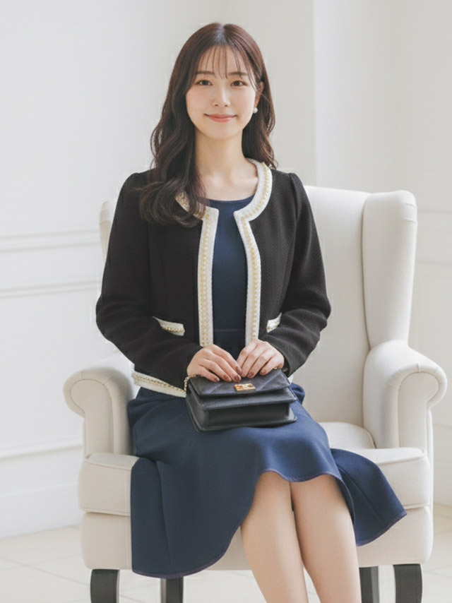 ノーカラーワッフルパール縁取りボレロジャケット