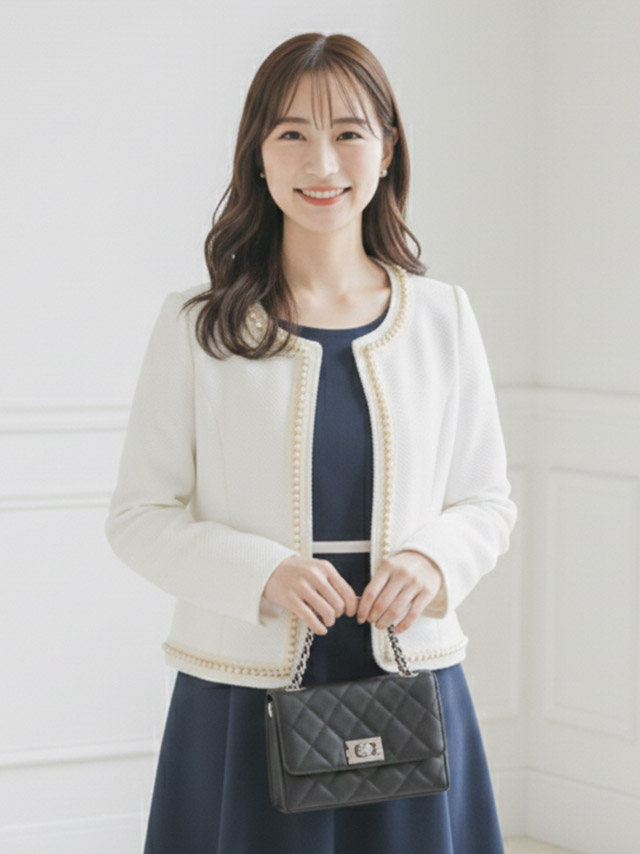 ノーカラーワッフルパール縁取りボレロジャケット