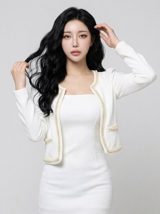 ノーカラーワッフルパール縁取りボレロジャケット