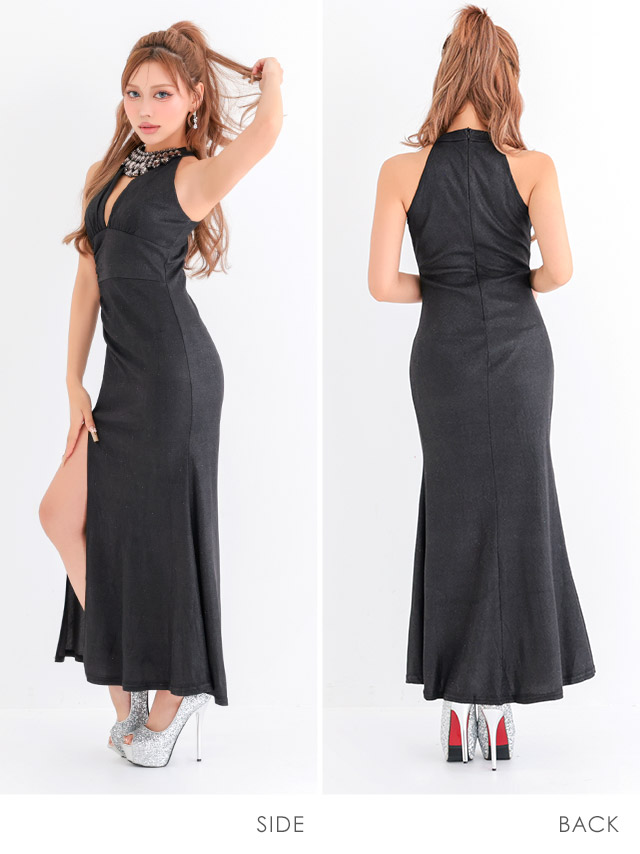 安い Aラインロングドレス ホステス ホルターネック 谷間 シンプル 大人 上品 キャバドレスのイメージ画像1