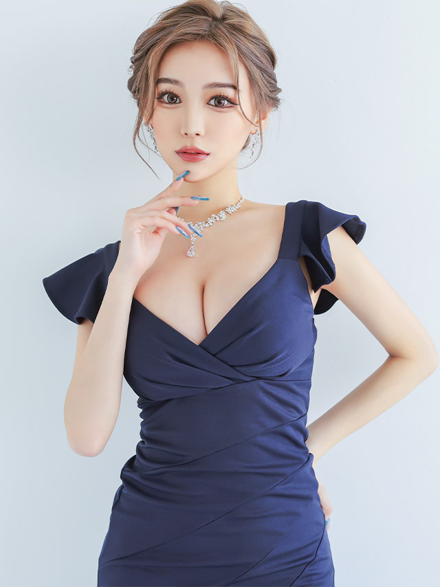 フロントギャザーフリル袖プチプラタイトロングドレスのイメージ画像1