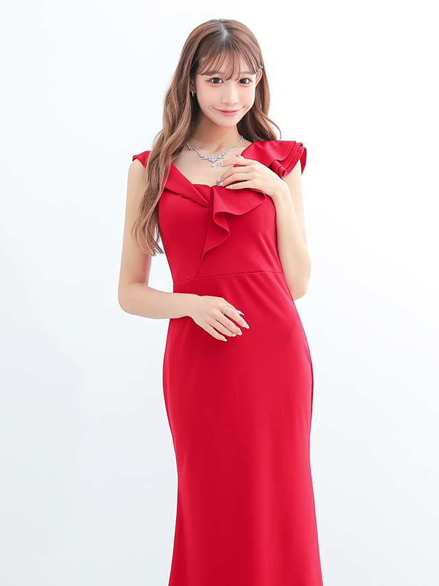 ノースリーブ胸元フリルワンカラーAラインロングドレスのイメージ画像1