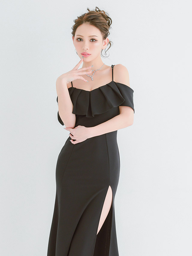 ロングドレス プチプラ ストレッチ マーメイド 谷間 肩あき 新人 背中魅せ 高身長 Aライン 黒 ホステス キャバドレスのイメージ画像2