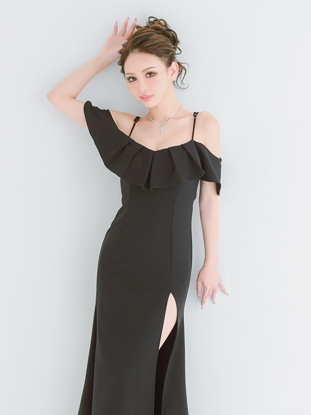 ロングドレス プチプラ ストレッチ マーメイド 谷間 肩あき 新人 背中魅せ 高身長 Aライン 黒 ホステス キャバドレスのフロント画像3
