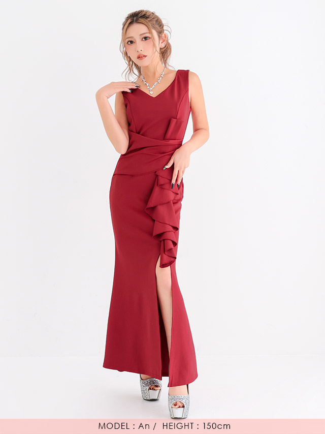 ロングドレス プチプラ 新人 タイト スリット セクシー 胸元隠し ラウンジ スナック フリル Vネック 黒 キャバドレスフロント