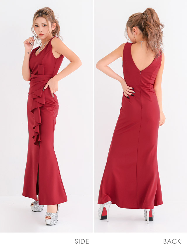 ロングドレス プチプラ 新人 タイト スリット セクシー 胸元隠し ラウンジ スナック フリル Vネック 黒 キャバドレスサイドバック