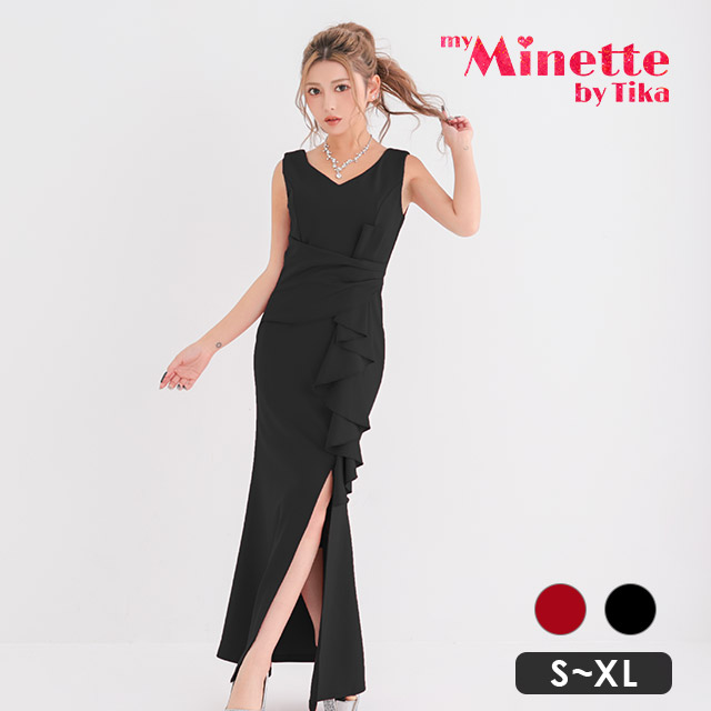 ロングドレス プチプラ 新人 タイト スリット セクシー 胸元隠し ラウンジ スナック フリル Vネック 黒 キャバドレス商品画像1