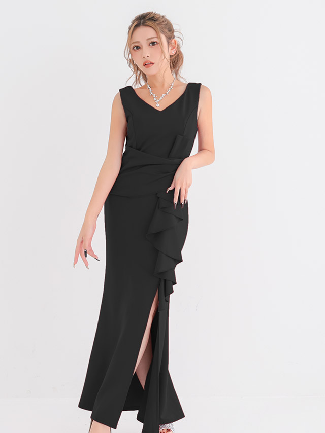 ロングドレス プチプラ 新人 タイト スリット セクシー 胸元隠し ラウンジ スナック フリル Vネック 黒 キャバドレス商品画像2