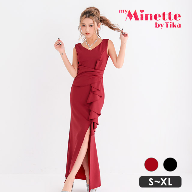 ロングドレス プチプラ 新人 タイト スリット セクシー 胸元隠し ラウンジ スナック フリル ワインレッド キャバドレス商品画像1