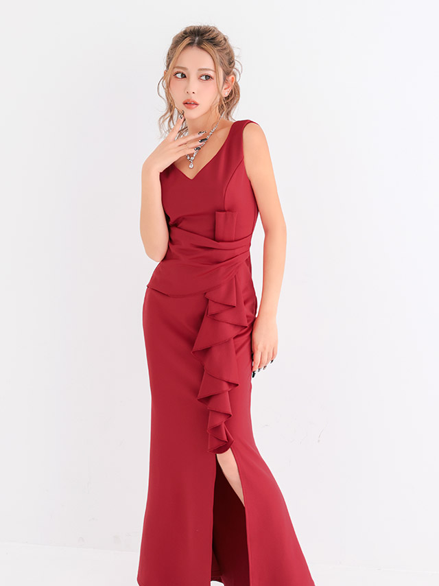 ロングドレス プチプラ 新人 タイト スリット セクシー 胸元隠し ラウンジ スナック フリル ワインレッド キャバドレス商品画像3