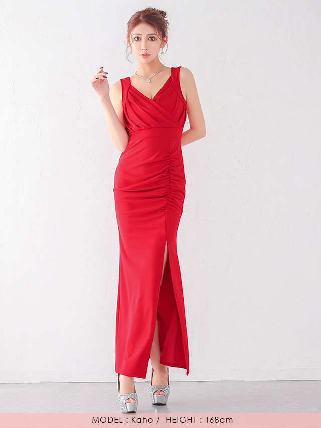 ロングドレス プチプラ マーメイド ノースリーブ ストレッチ シンプル ラウンジ ワンカラー 大人 背中魅せ 赤ドレス XL 安い キャバドレスのイメージ画像1