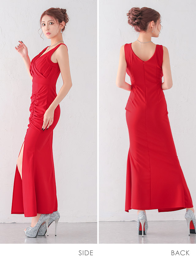 ロングドレス プチプラ マーメイド ノースリーブ ストレッチ シンプル ラウンジ ワンカラー 大人 背中魅せ 赤ドレス XL 安い キャバドレスのイメージ画像1