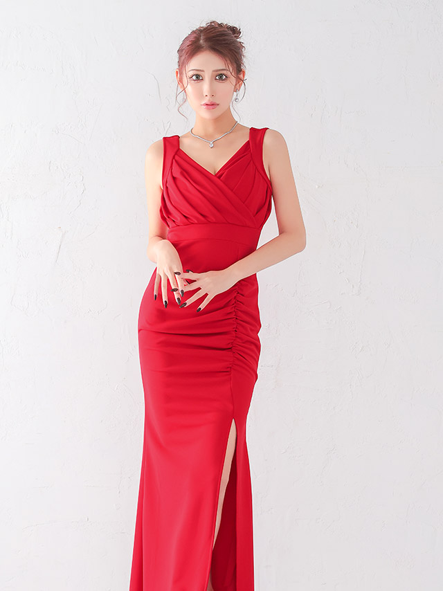 ロングドレス プチプラ マーメイド ノースリーブ ストレッチ シンプル ラウンジ ワンカラー 大人 背中魅せ 赤ドレス XL 安い キャバドレスのイメージ画像1