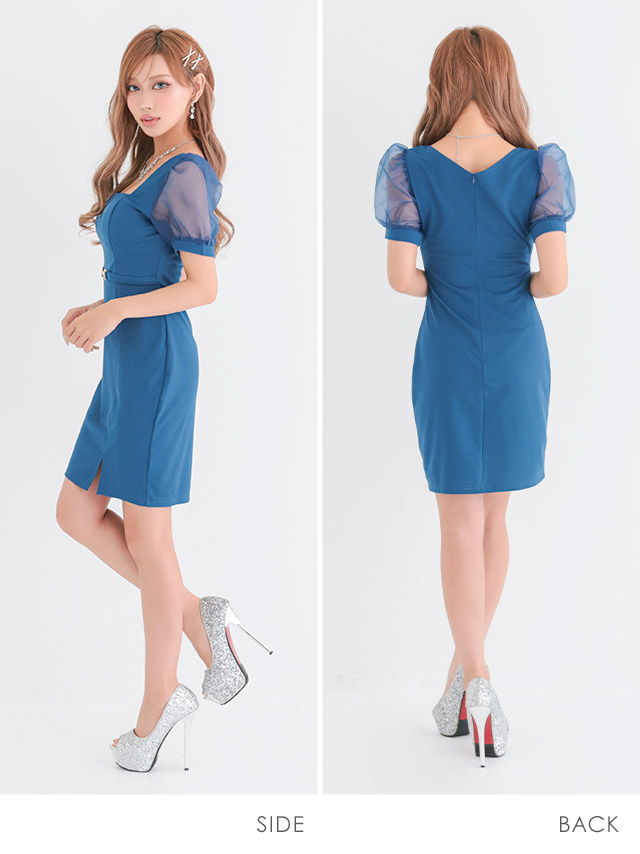 ミニドレス プチプラ 新人 タイト ラウンジ 半袖 シアー シアー袖 低身長 スクエアネック ウエストベルト風 パフスリーブ 青 キャバドレスサイドバック