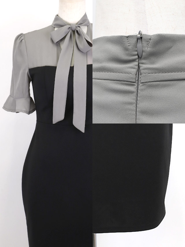 半袖 ネックリボン フリル タイト ミニドレスのディティール