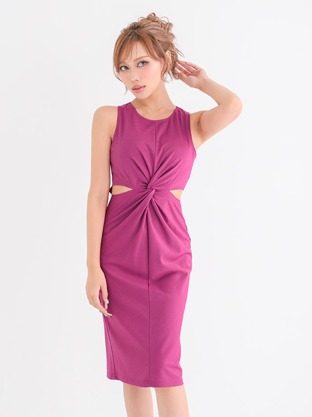 膝丈ドレス プチプラ 新人 タイト セクシー ラウンジ ノースリーブ 胸元隠し ウエストカット マゼンタピンク キャバドレス商品画像2