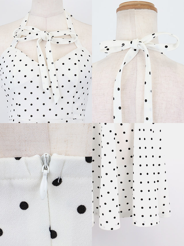 ミニドレス プチプラ ホルターネック ストレッチ 新人 ドット柄 背中魅せ 低身長 Aライン 白 安い XL キャバドレスの商品特徴1