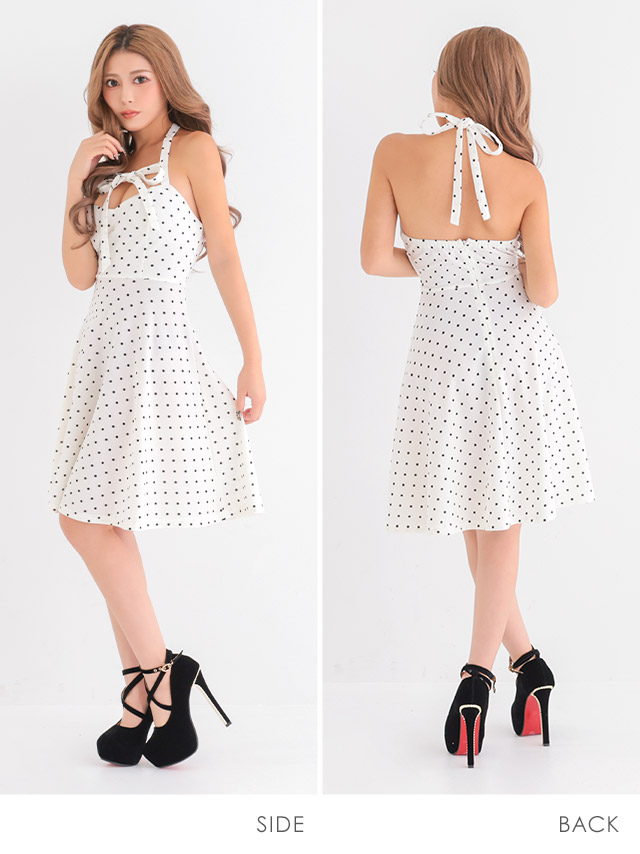 ミニドレス プチプラ ホルターネック ストレッチ 新人 ドット柄 背中魅せ 低身長 Aライン 白 安い XL キャバドレスのサイドバッグ全身
