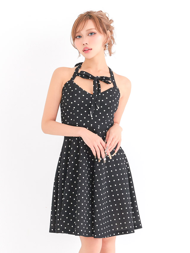 ミニドレス プチプラ ホルターネック ストレッチ 新人 ドット柄 背中魅せ 低身長 Aライン 白 安い XL キャバドレスのイメージ画像1