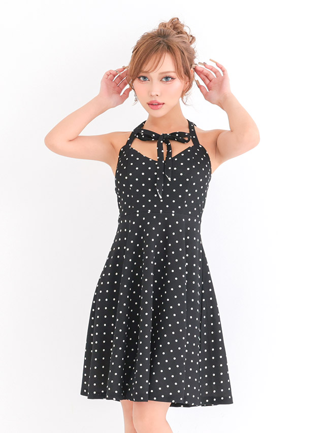 ミニドレス プチプラ ホルターネック ストレッチ 新人 ドット柄 背中魅せ 低身長 Aライン 白 安い XL キャバドレスのイメージ画像2