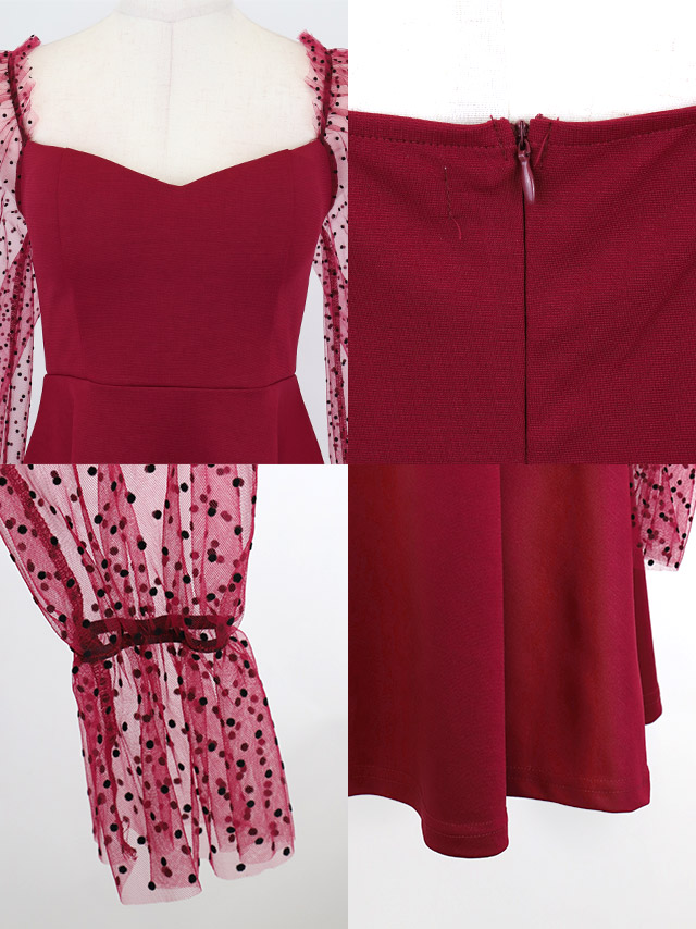 ミニドレス プチプラ 新人 長袖 袖あり ワンピース フレア シアー袖 ドット柄 低身長 ガーリー ワインレッド キャバドレスディティール1