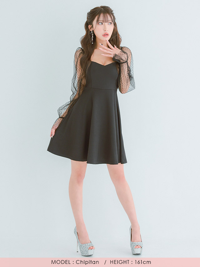 ミニドレス プチプラ 新人 長袖 袖あり ワンピース フレア シアー袖 ドット柄 低身長 ガーリー ワインレッド キャバドレスフロント