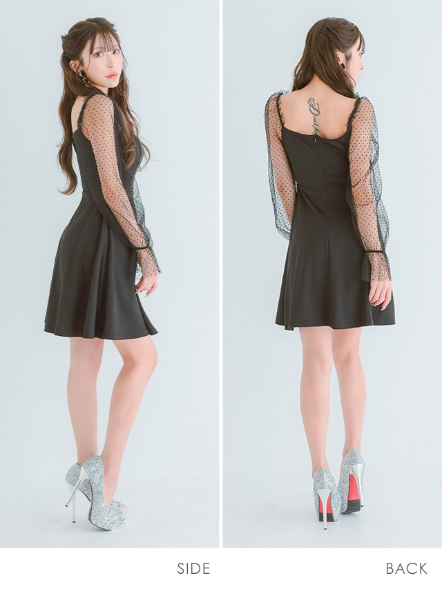 ミニドレス プチプラ 新人 長袖 袖あり ワンピース フレア シアー袖 ドット柄 低身長 ガーリー ワインレッド キャバドレスサイドバック