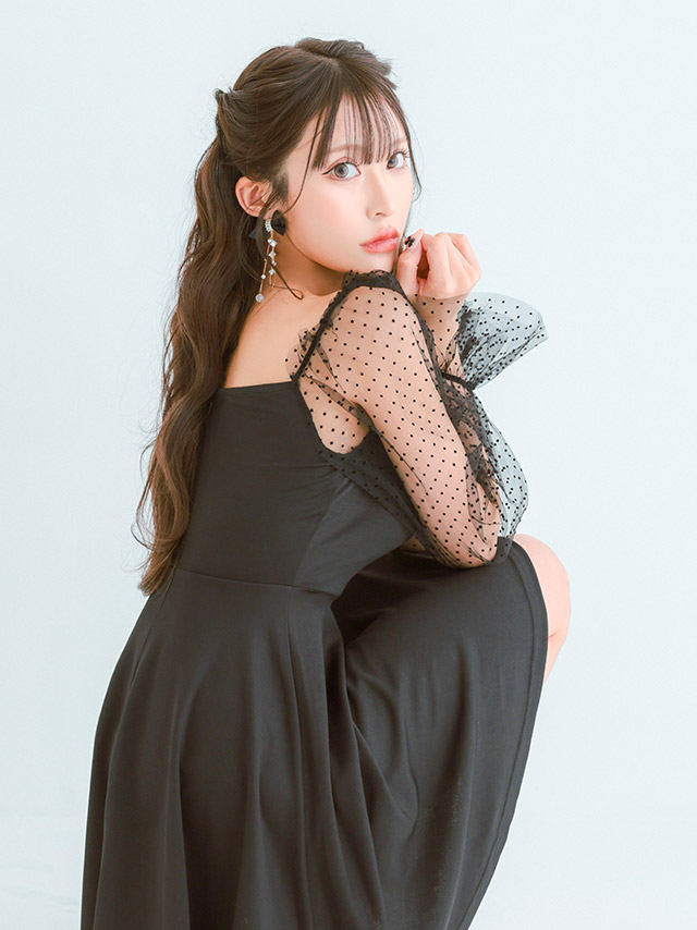 ミニドレス プチプラ 新人 長袖 袖あり ワンピース フレア シアー袖 ドット柄 低身長 ガーリー ワインレッド キャバドレス商品画像2