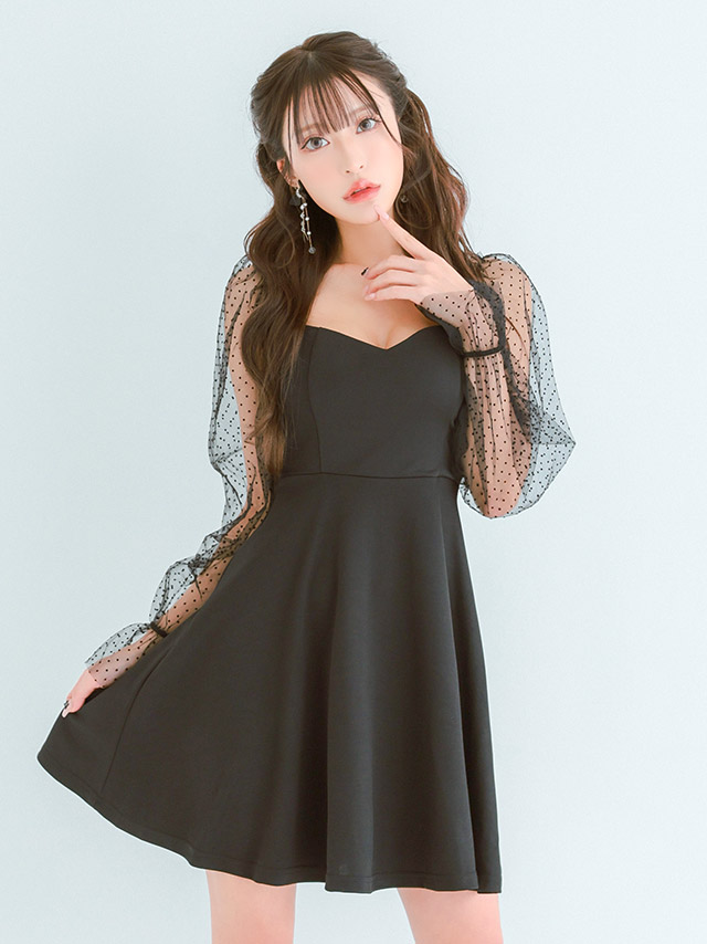 ミニドレス プチプラ 新人 長袖 袖あり ワンピース フレア シアー袖 ドット柄 低身長 ガーリー ワインレッド キャバドレス商品画像3