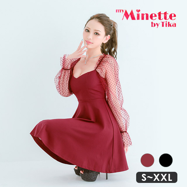 ミニドレス プチプラ 新人 長袖 袖あり ワンピース フレア シアー袖 ドット柄 低身長 ガーリー ワインレッド キャバドレス商品画像1