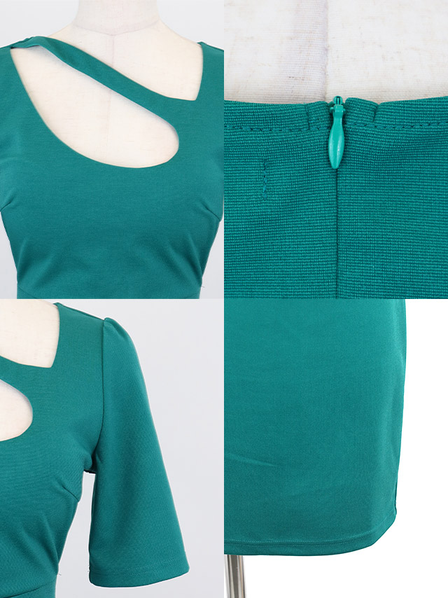 ミニドレス プチプラ 新人 タイト 袖あり ワンピース 半袖 低身長 谷間 スナック アシメントリーネック 緑 キャバドレスディティール1