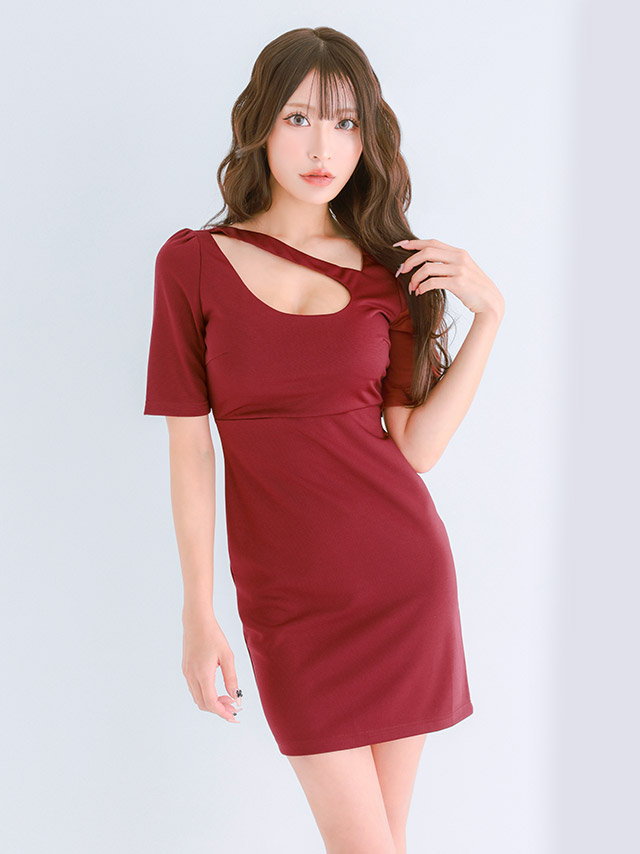 ミニドレス プチプラ 新人 タイト 袖あり ワンピース 半袖 低身長 谷間 スナック アシメントリーネック 緑 キャバドレス商品画像2