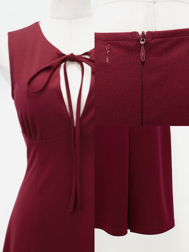 ミニドレス プチプラ ギャル フレア セクシー ラウンジ ノースリーブ 低身長 谷間 プリーツ ワンカラー ワインレッドディティール1