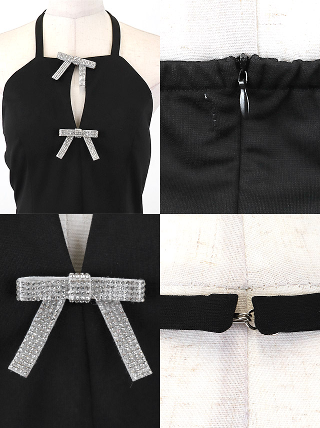 ミニドレス プチプラ 新人 フレア ホルターネック セクシー ラウンジ　キラキラ 低身長 谷間 リボン ローズピンク キャバドレスディティール1