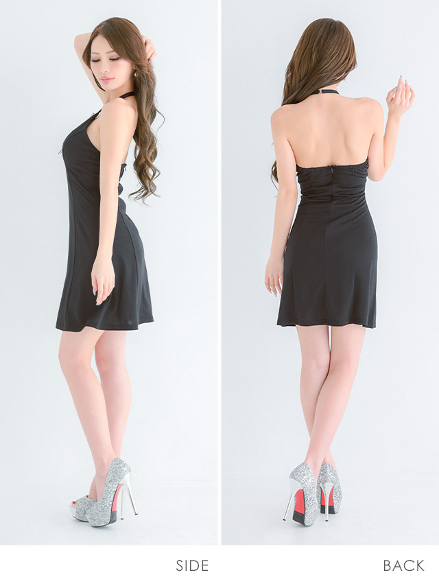 ミニドレス プチプラ 新人 フレア ホルターネック セクシー ラウンジ　キラキラ 低身長 谷間 リボン ローズピンク キャバドレスサイドバック