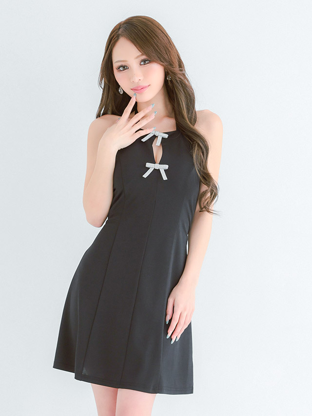 ミニドレス プチプラ 新人 フレア ホルターネック セクシー ラウンジ　キラキラ 低身長 谷間 リボン ローズピンク キャバドレス商品画像3