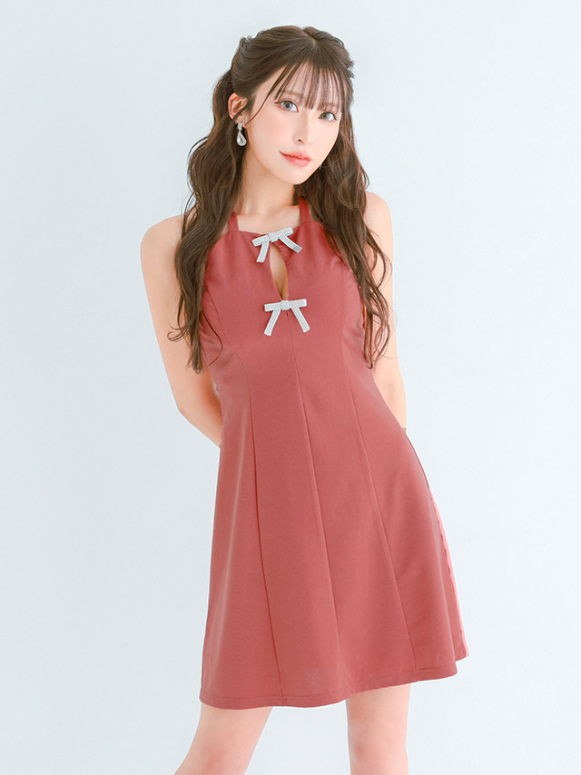 ミニドレス プチプラ 新人 フレア ホルターネック セクシー ラウンジ　キラキラ 低身長 谷間 リボン ローズピンク キャバドレス商品画像3