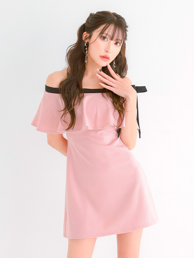 ミニドレス プチプラ ストレッチ オフショルダー 新人 背中魅せ 胸元カバー 二の腕カバー 低身長 タイト ネイビー XXL キャバドレスのイメージ画像1