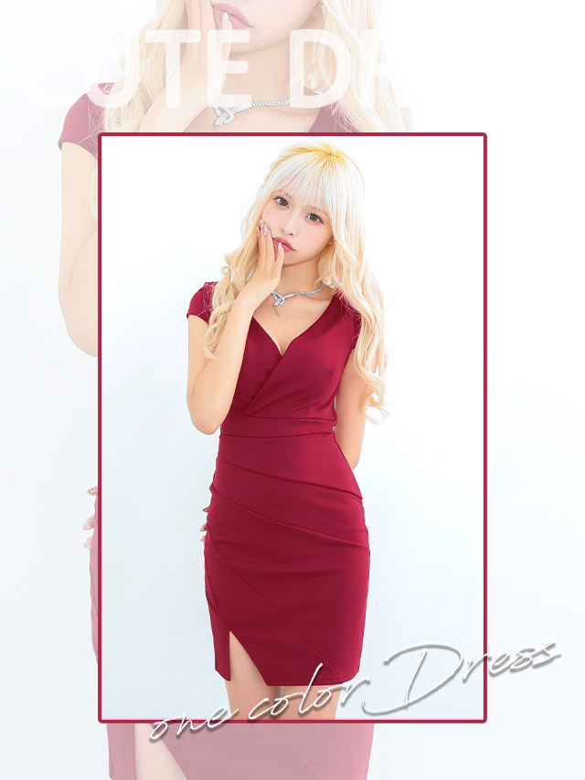 ミニドレス プチプラ 新人 タイト ラウンジ セクシー 半袖 低身長 谷間 スリット デザイン ワインレッド キャバドレス商品画像2
