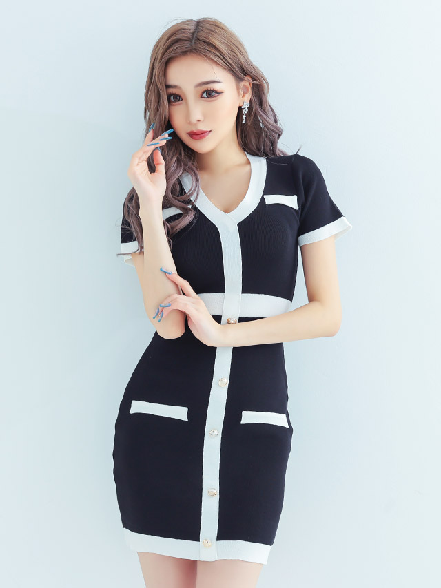 パイピングデザイン半袖ニット素材タイトミニドレス3