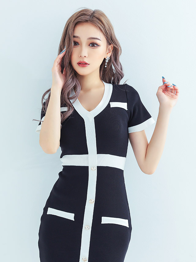 パイピングデザイン半袖ニット素材タイトミニドレス3