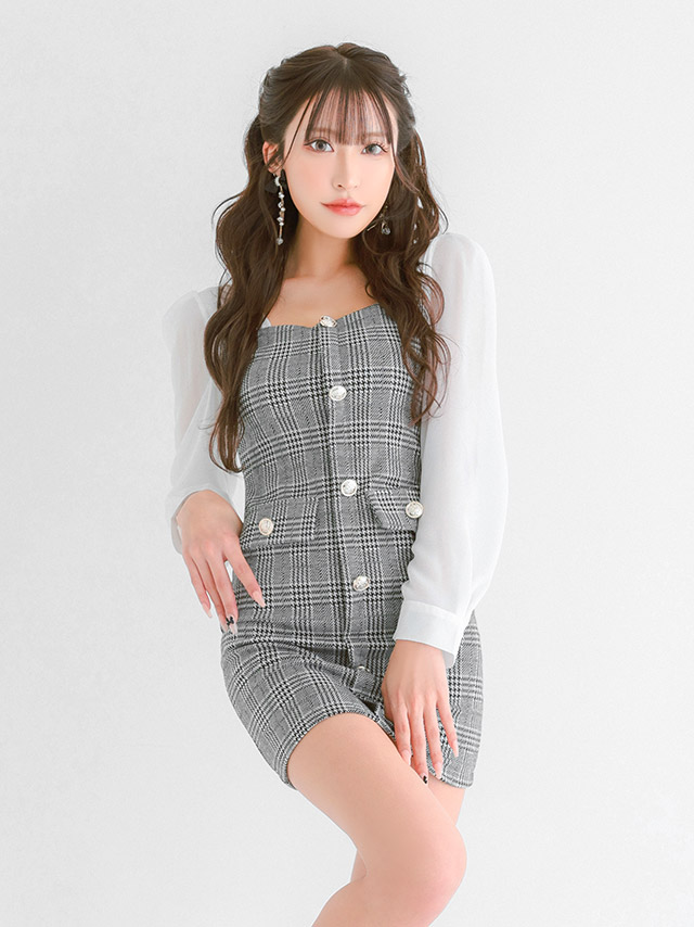 ニドレス プチプラ 長袖 ストレッチ ワンピース 千鳥格子柄 同伴 新人 二の腕カバー 下着のまま 低身長 黒 安い XL キャバドレスのイメージ画像1
