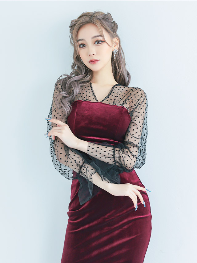 シースルードット柄長袖タイトプチプラ膝丈ドレス