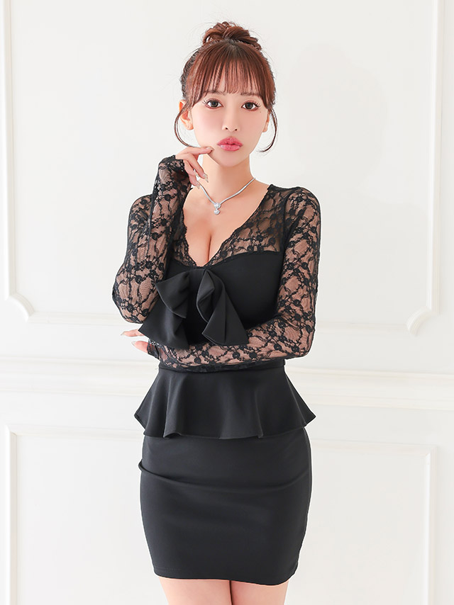 フロントリボン レース袖 長袖 ペプラム プチプラ ガーリー ミニドレスの商品画像3枚目