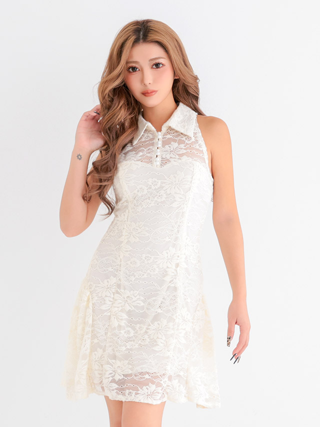 ミニドレス プチプラ 新人 ワンピース フレア ラウンジ 襟付き ノースリーブ レース　花柄 低身長 胸元隠し 同伴 総レース ガーリー アイボリー キャバドレス商品画像3