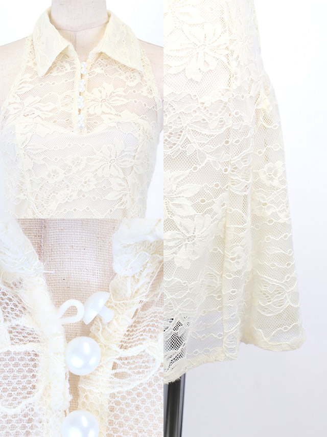 ミニドレス プチプラ 新人 ワンピース フレア ラウンジ 襟付き ノースリーブ レース　花柄 低身長 胸元隠し 同伴 総レース ガーリー アイボリー キャバドレスディティール1