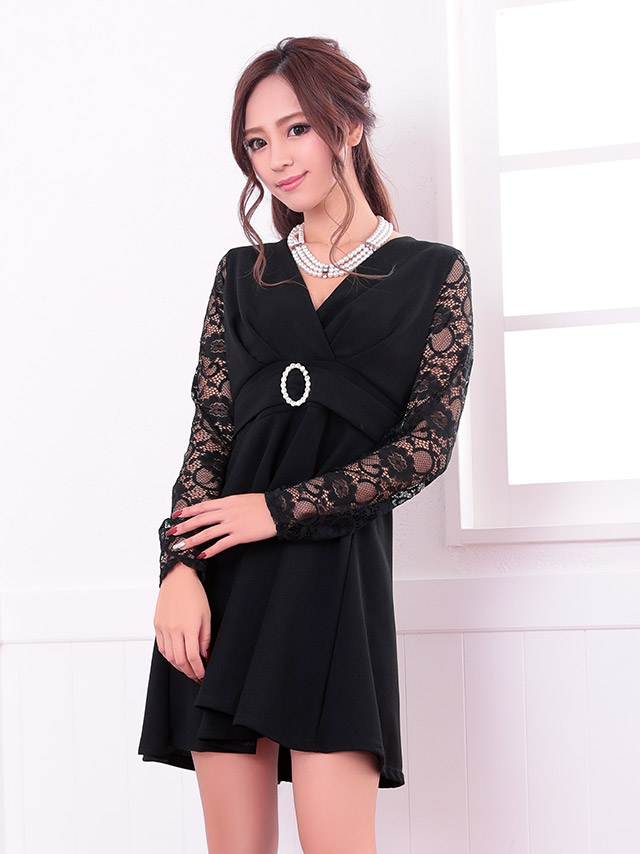 レースビジュー長袖ハイウエスト切替カシュクール風フレアミニドレス2