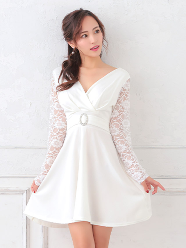 レースリングカシュクールハイウエストビジューAラインフレアミニドレス 