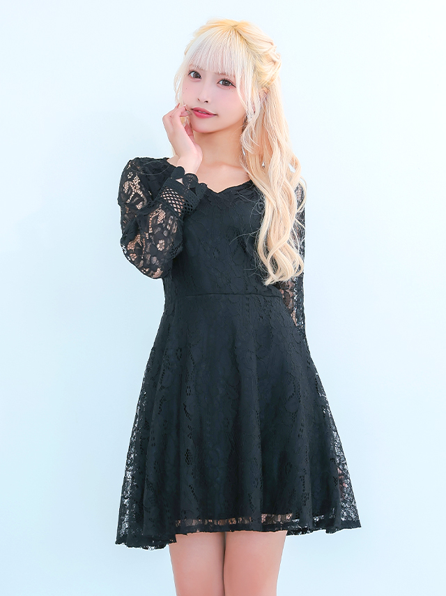 長袖総レースデザインハイウエスト切替フレアミニドレスのイメージ画像2